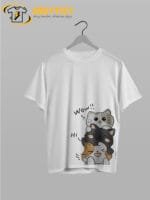 Stacked Cute Cats T-Shirt | Adorable Feline Tower Tee | "Wow!!" & "Hi," Kitty Graphic - Image 2